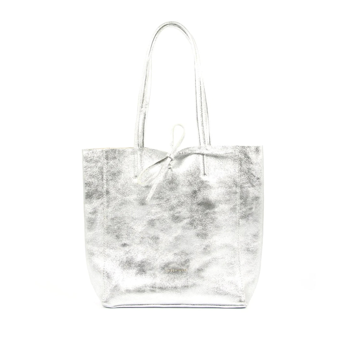 SMALL LEATHER TOTE BAG | METALLIC SILVER