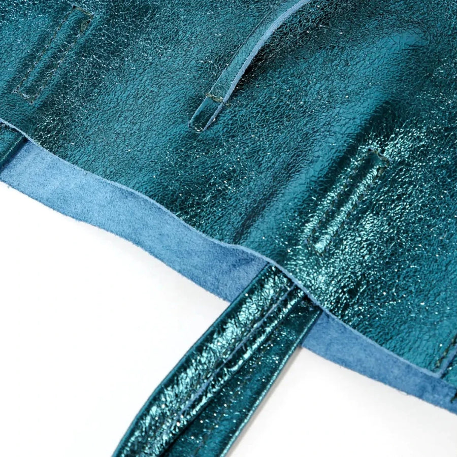 SMALL LEATHER TOTE BAG | METALLIC TEAL