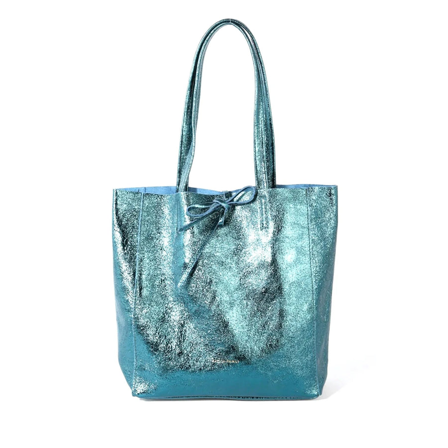 SMALL LEATHER TOTE BAG | METALLIC TEAL