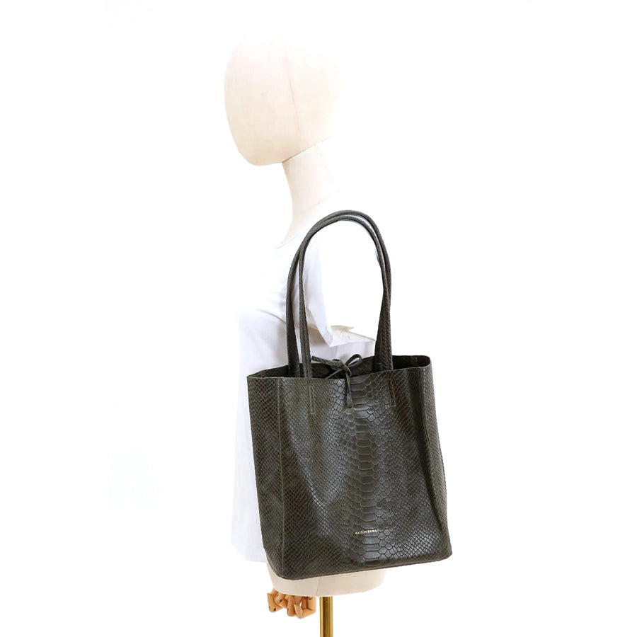 SMALL LEATHER TOTE BAG | KHAKI PYTHON