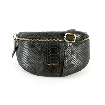 LEATHER HALF MOON CROSS BODY BAG | BLACK PYTHON