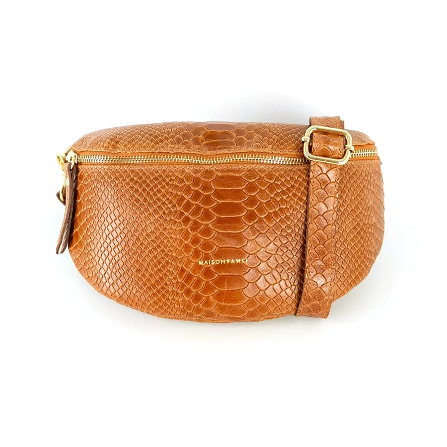 LEATHER HALF MOON CROSS BODY BAG | CAMEL PYTHON