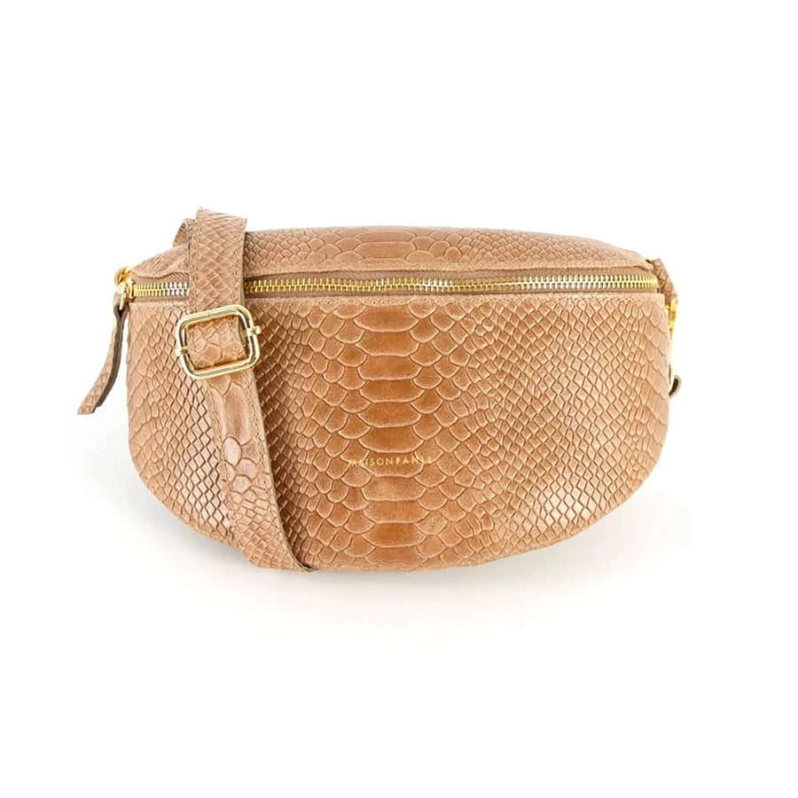 LEATHER HALF MOON CROSS BODY BAG | TAUPE PYTHON