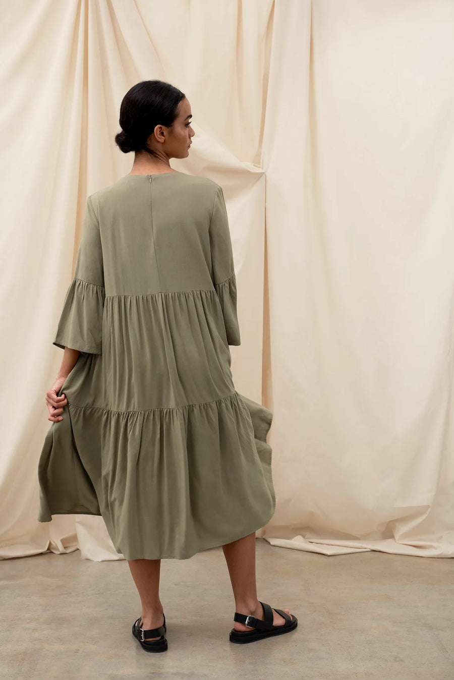 OLIVE WIDE SLEEVE MIDI DRESS DRESS