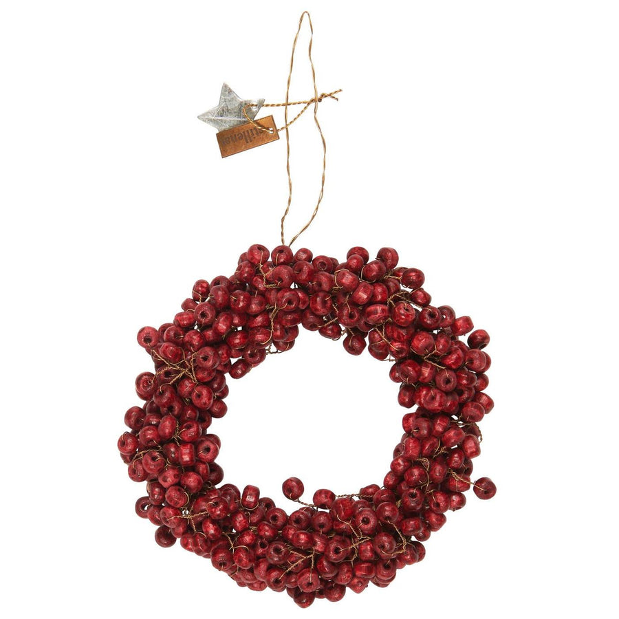 SMALL HANDMADE WREATH WITH WOODEN BEADS | RED