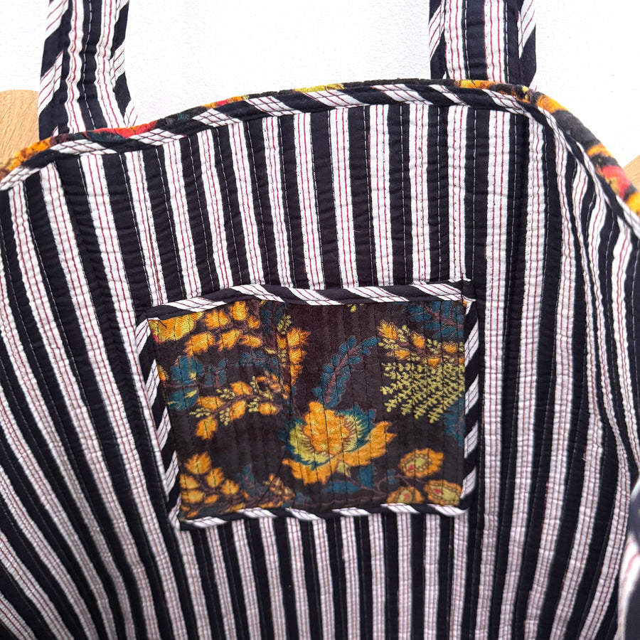 QUILTED VELVET SHOPPER TOTE | BLACK FLORAL