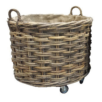 LARGE ROUND LOG BASKET WITH WHEELS