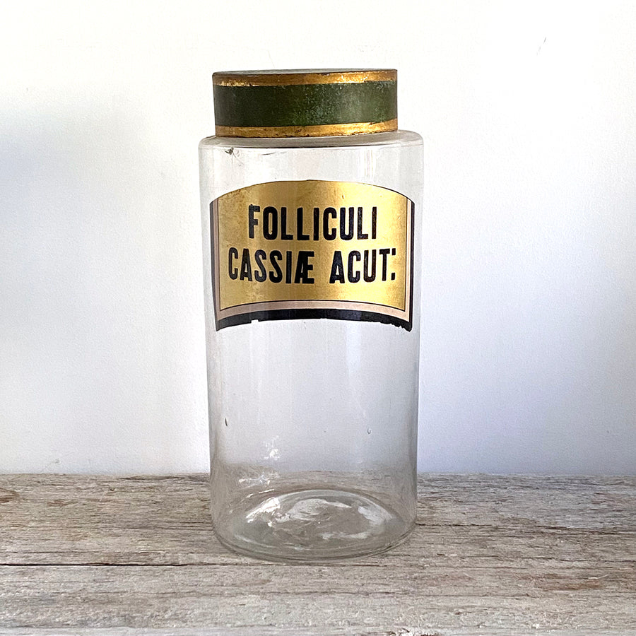 VINTAGE FRENCH  APOTHECARY DISPENSING JAR | FOLLICULI CASSIAE ACUT: