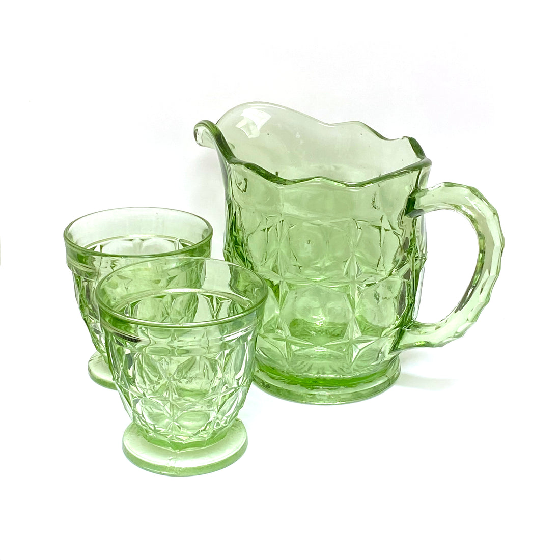 VINTAGE GREEN GLASS JUG & TWO GLASSES