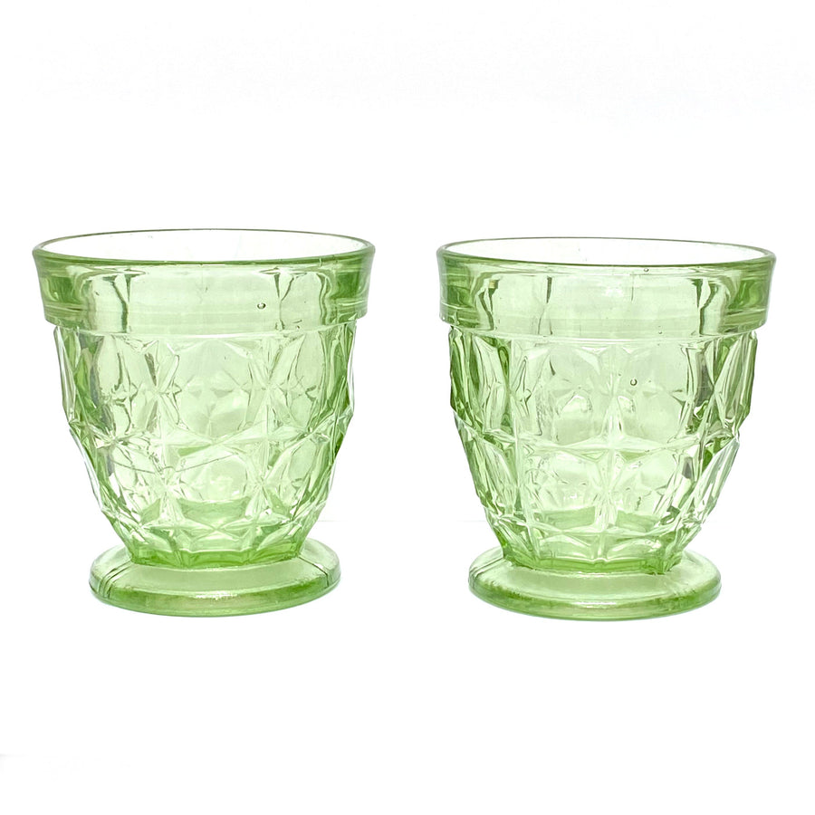 VINTAGE GREEN GLASS JUG & TWO GLASSES