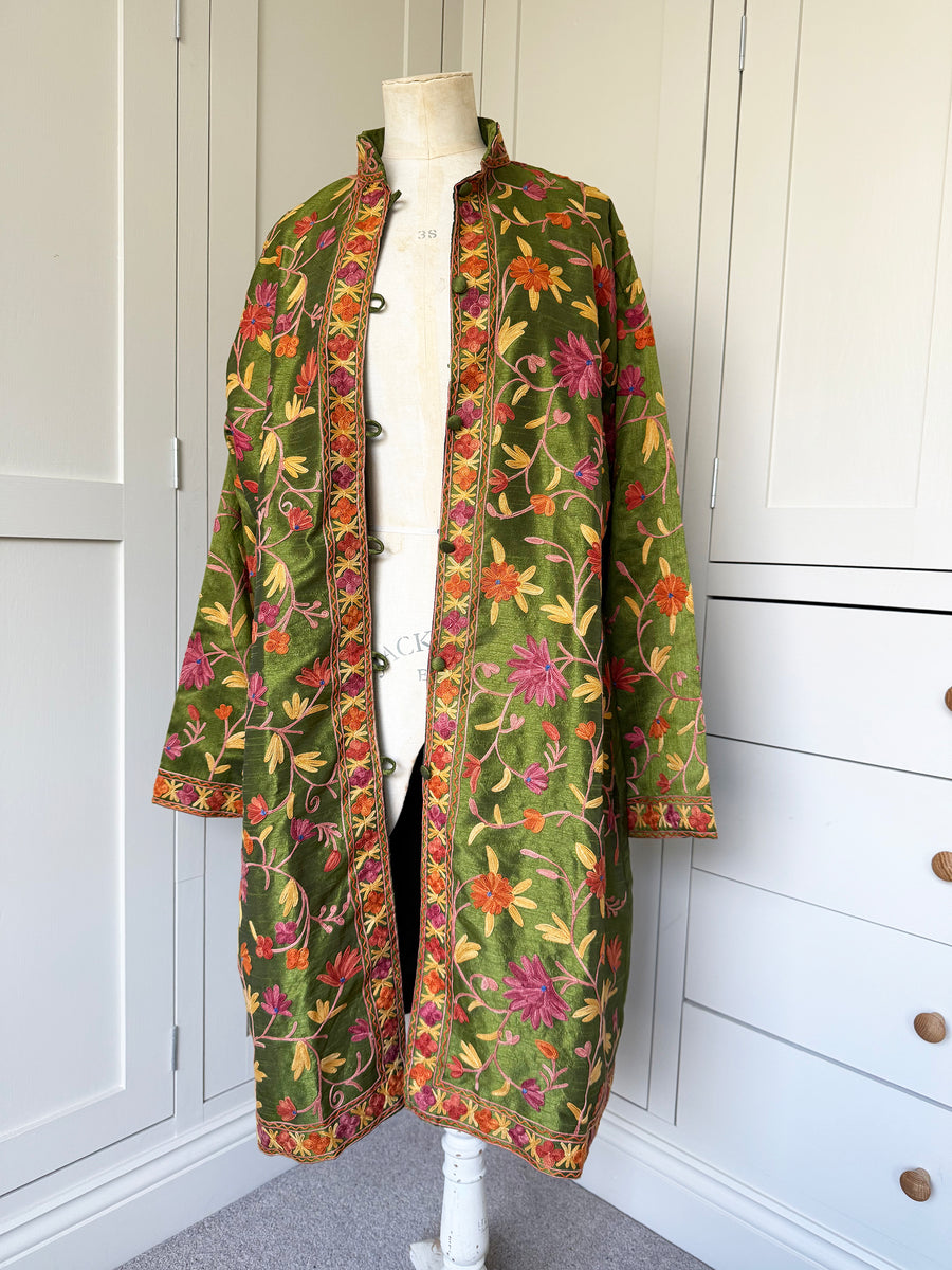 KASHMIRI EMBROIDERED SILK COAT | GREEN