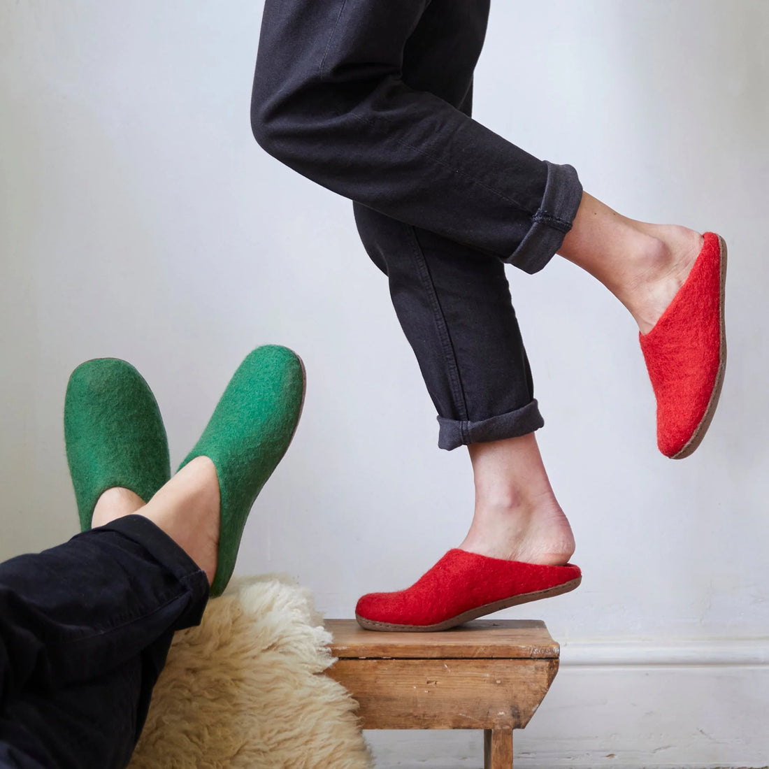 HANDMADE ECO FELT MULE SLIPPERS SUEDE SOLE | BERRY RED