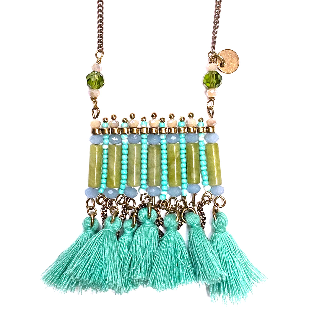 TURQUOISE & GREEN BEADED NECKLACE WITH TASSELS