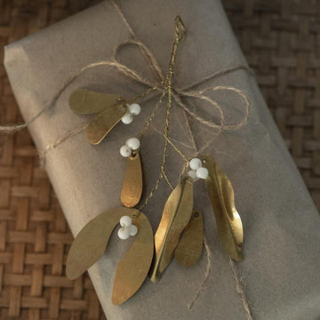 BRASS LEAF AND WHITE BEAD MISTLETOE DECORATION