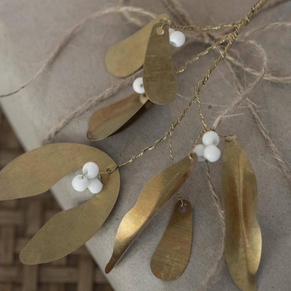 BRASS LEAF AND WHITE BEAD MISTLETOE DECORATION