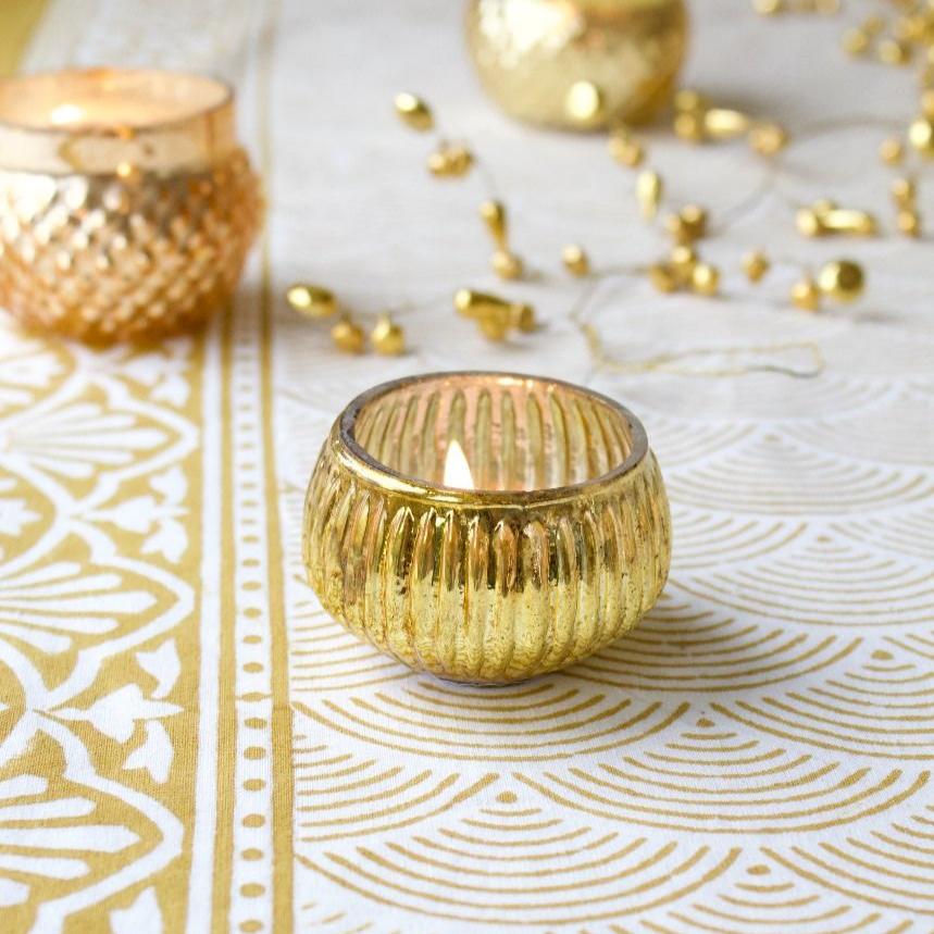 GLASS TEA LIGHT HOLDER IN VINTAGE GOLD