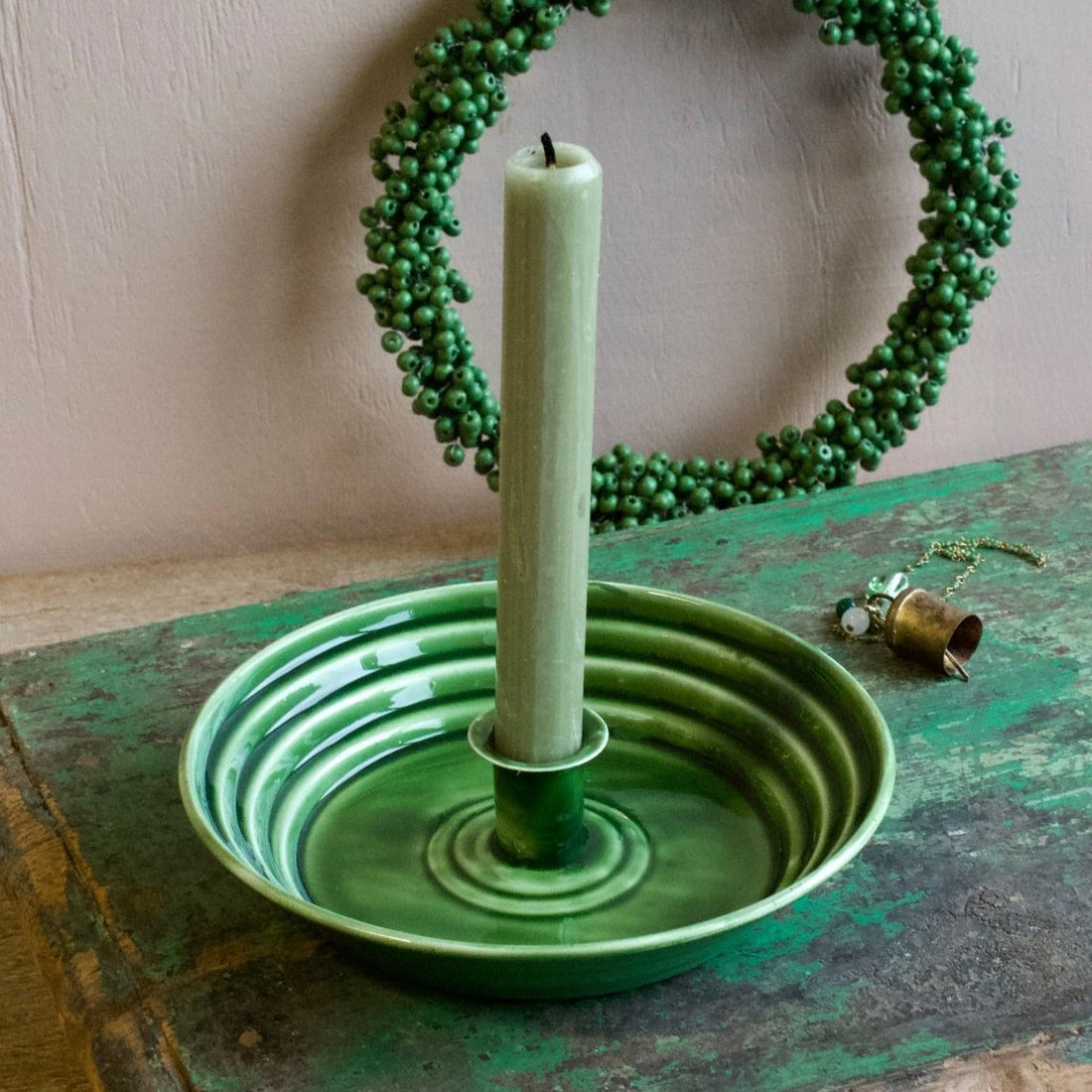 GREEN ENAMEL CANDLE HOLDER