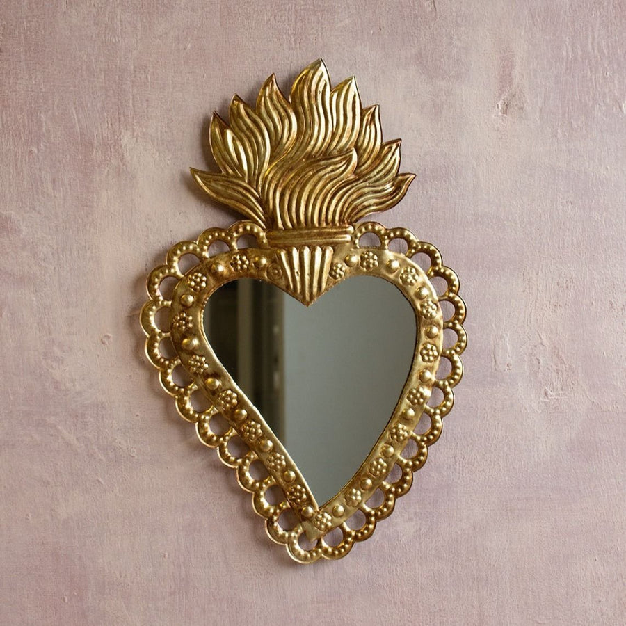 EMBOSSED ANTIQUE BRASS FLAME HEART MIRROR