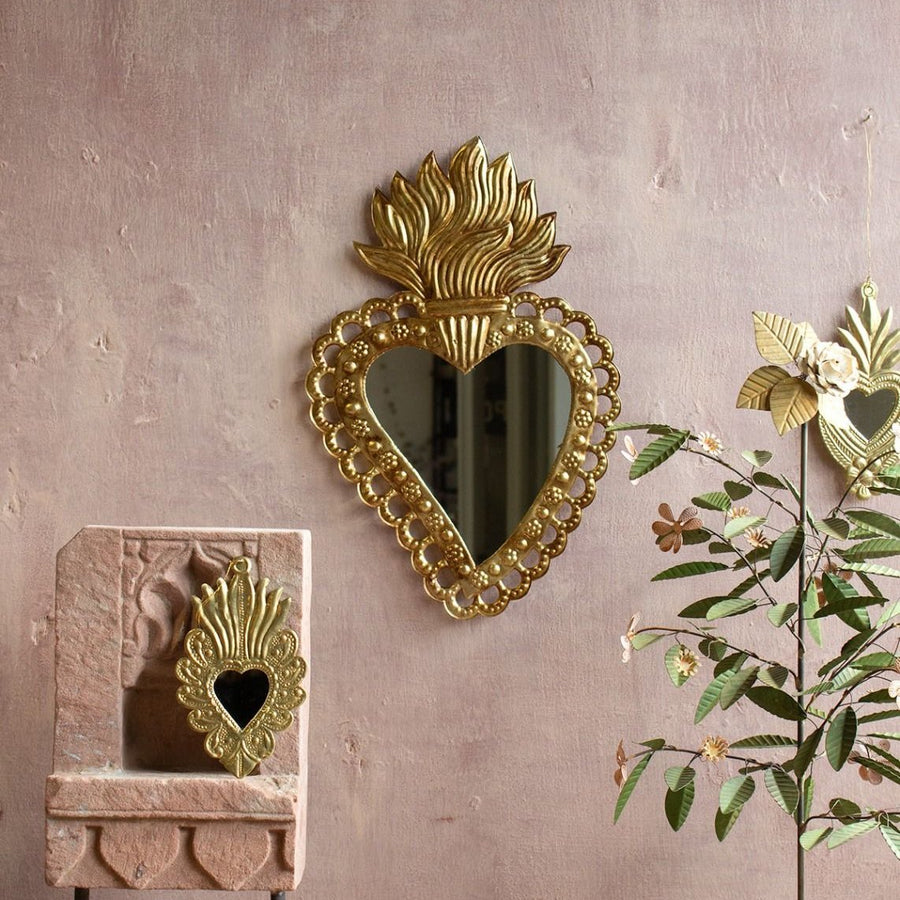 EMBOSSED ANTIQUE BRASS FLAME HEART MIRROR