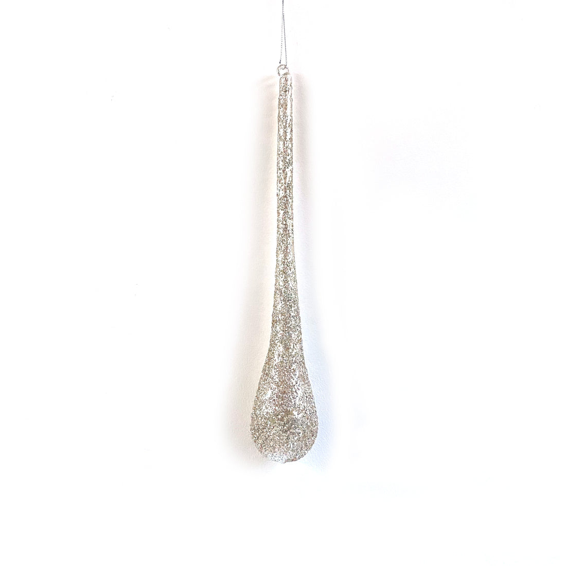 GLASS DROP BAUBLE WITH CRUSHED SILVER & CLEAR GLITTER