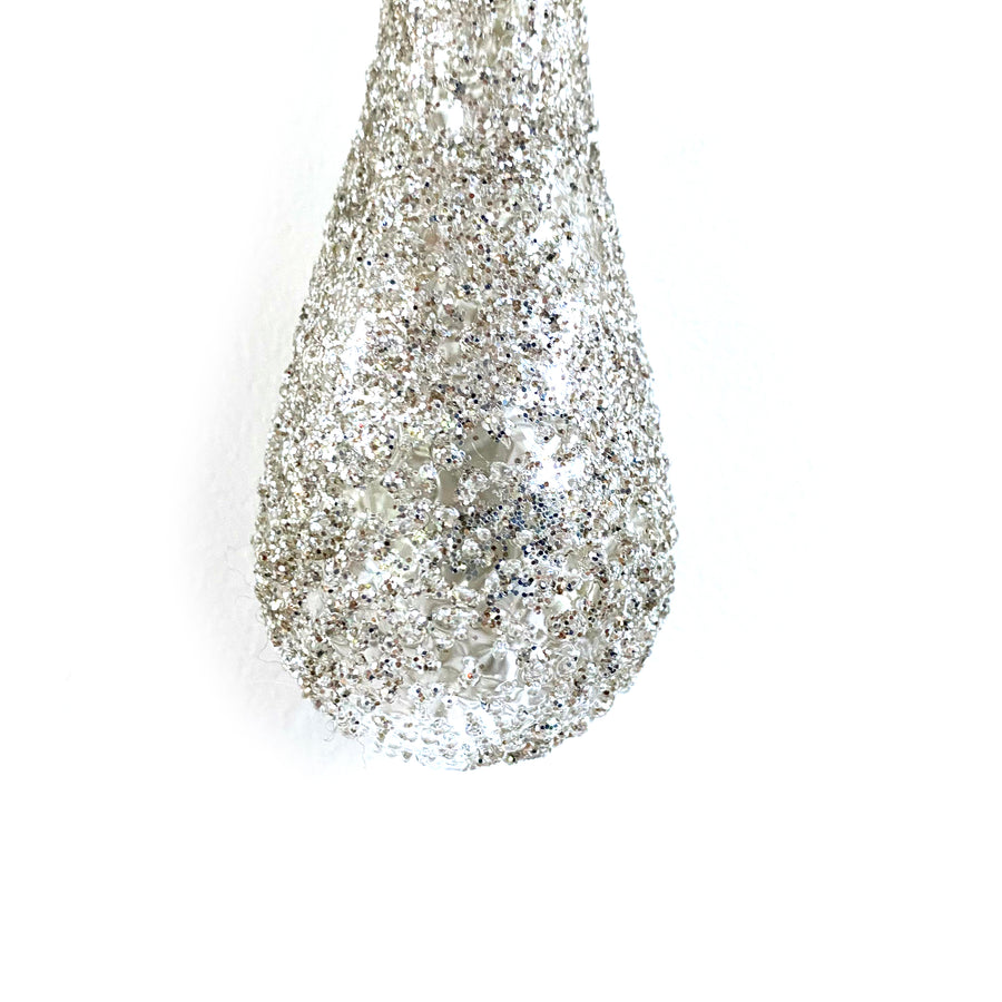 GLASS DROP BAUBLE WITH CRUSHED SILVER & CLEAR GLITTER