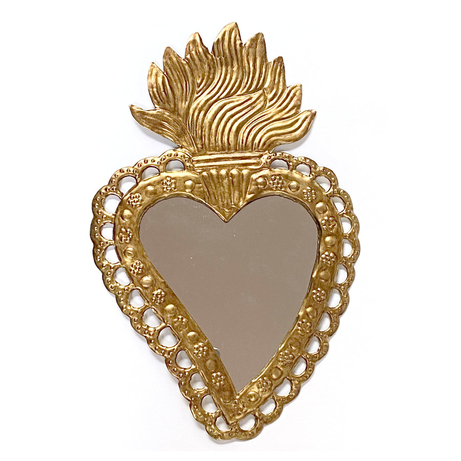 EMBOSSED ANTIQUE BRASS FLAME HEART MIRROR