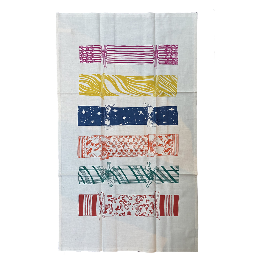 HAND SCREENPRINTED TEATOWEL | CHRISTMAS CRACKERS