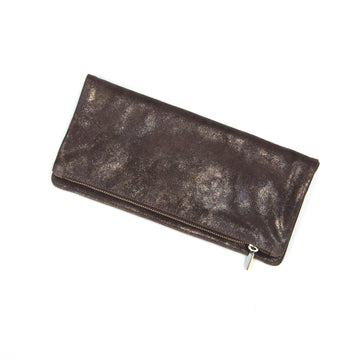 FOLD OVER CLUTCH WITH ZIP | METALLIC BROWN SUEDE