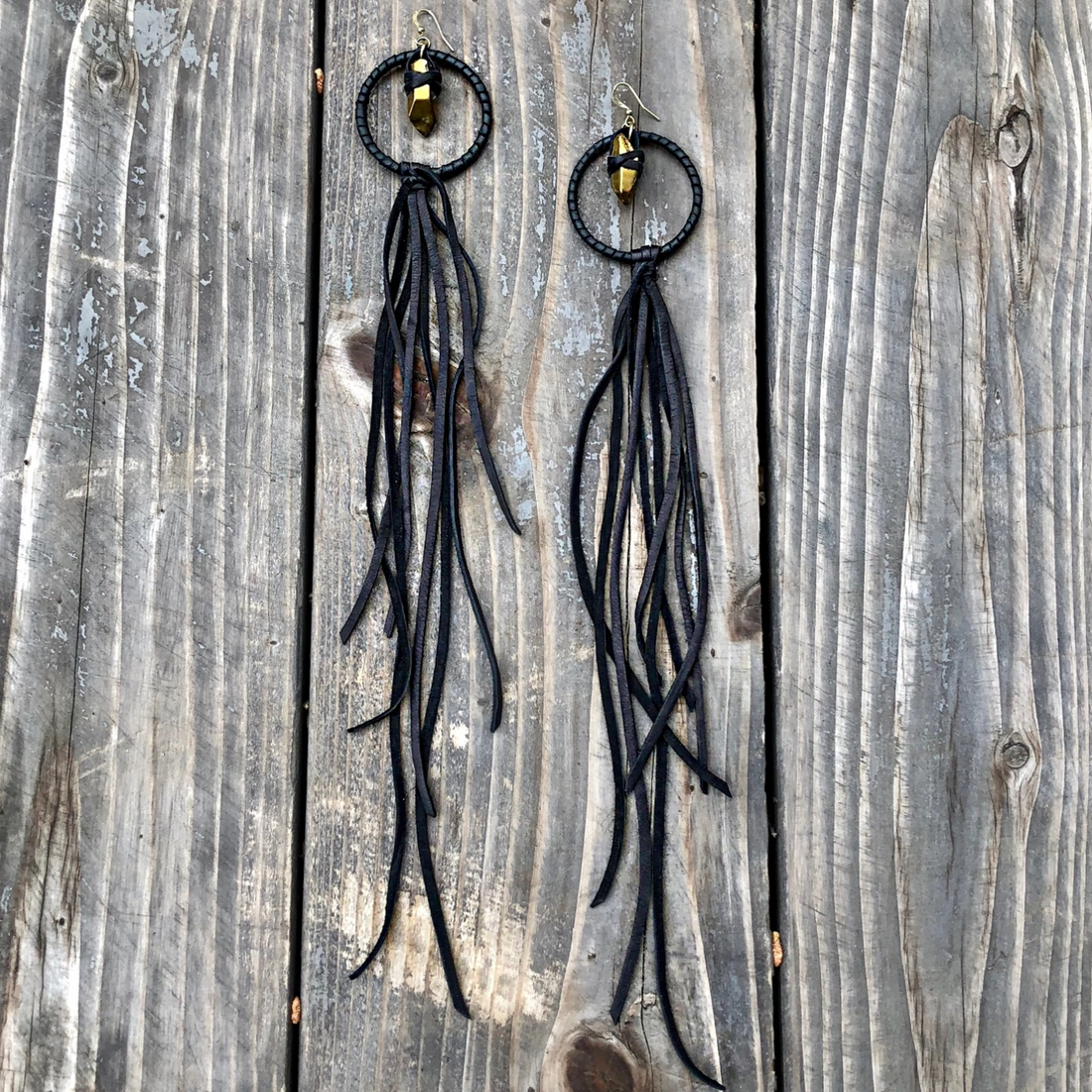 BLACK LEATHER HOOP & TASSEL WITH GOLD CRYSTAL EARRINGS