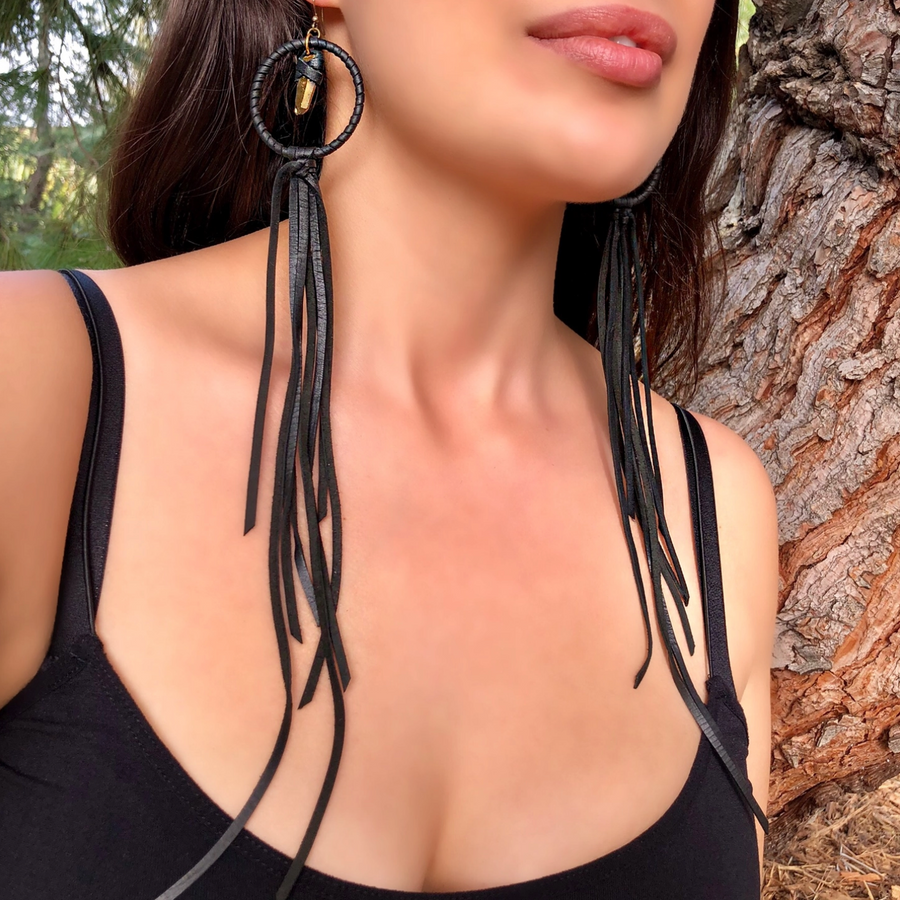 BLACK LEATHER HOOP & TASSEL WITH GOLD CRYSTAL EARRINGS