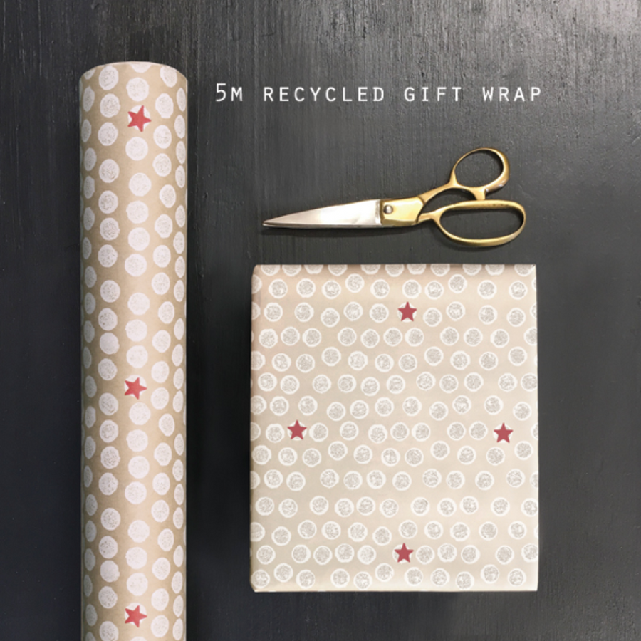 5M KRAFT WRAP | WHITE DOTS & RED STARS